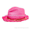 Kid's fedora straw hat with raw edge and paper braided band, beads, suitable for summer outing